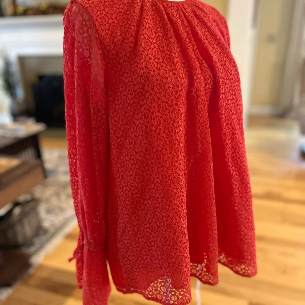 Michael Kors Vibrant Coral Crochet Lace Bell Sleeve Women’s Blouse